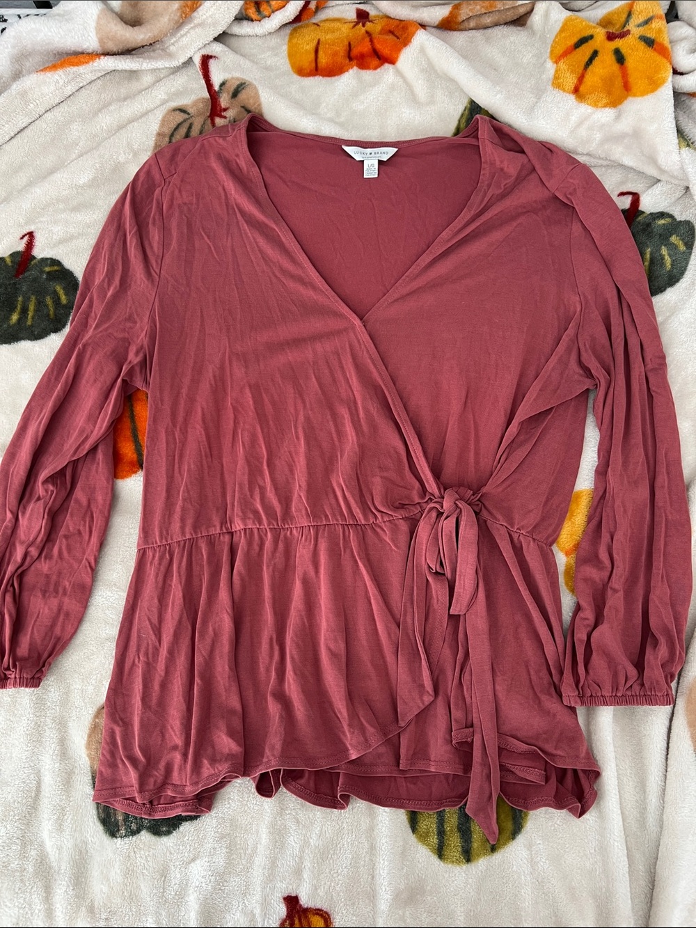 Wrap Front Quarter-Sleeve Blouse - Dusty Rose, Size L